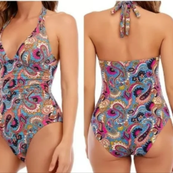 Lucky Brand Poolside Charm Women's Multicolor Paisley OnePiece Swimsuit NWT MED - Picture 2 of 5